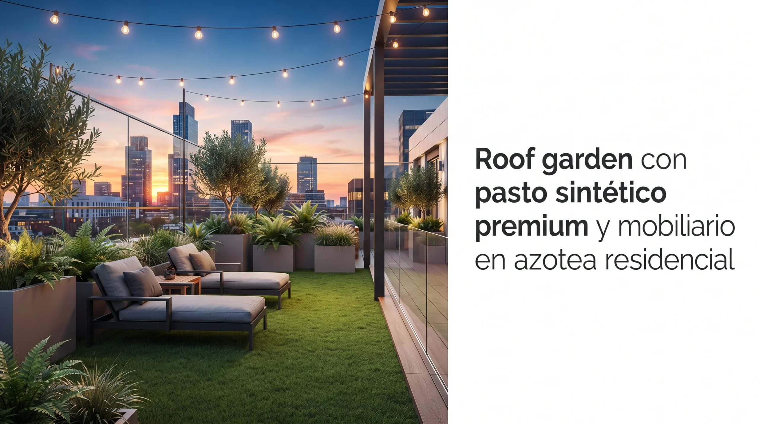 Roof garden con pasto sintético premium y mobiliario en azotea residencial