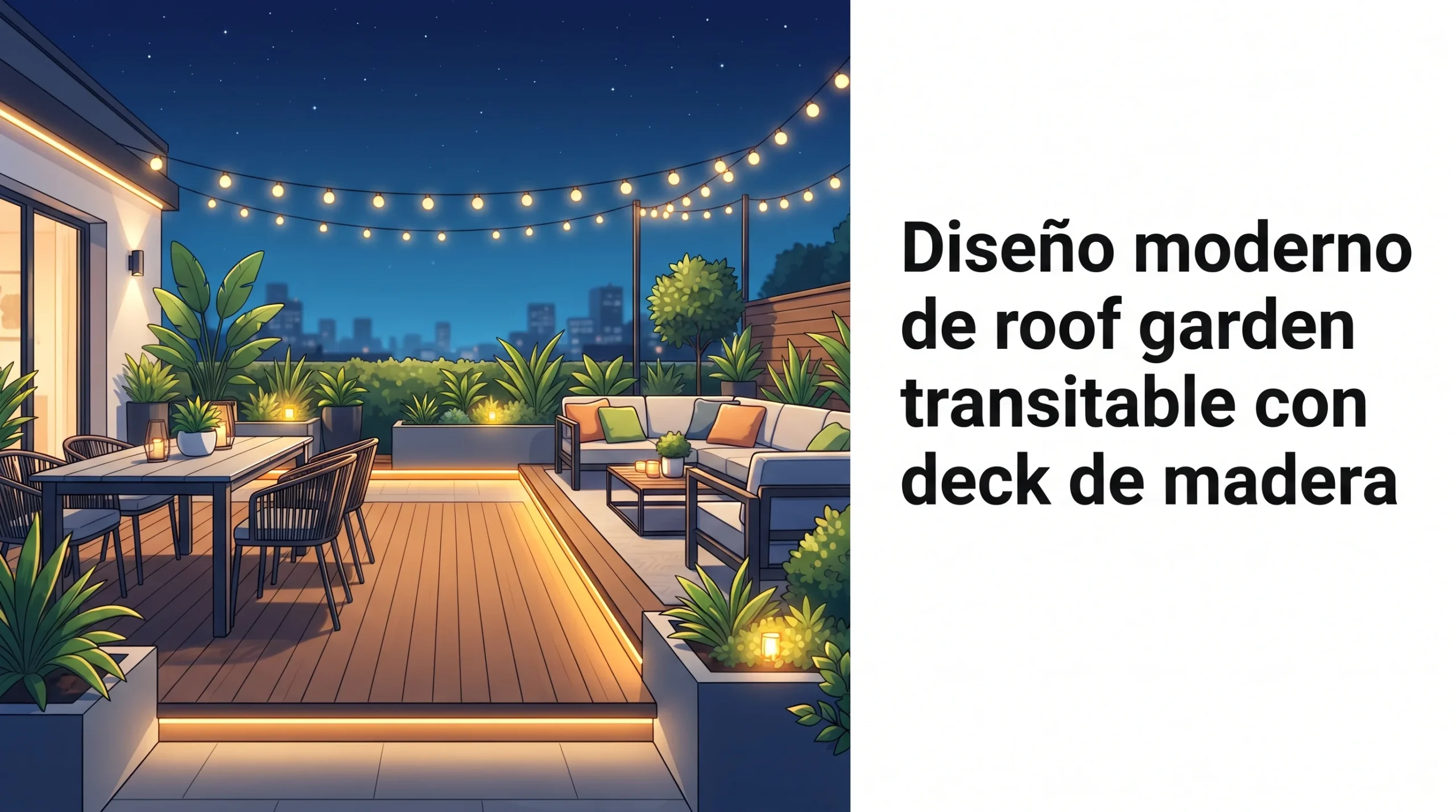 Diseño moderno de roof garden transitable con deck de madera