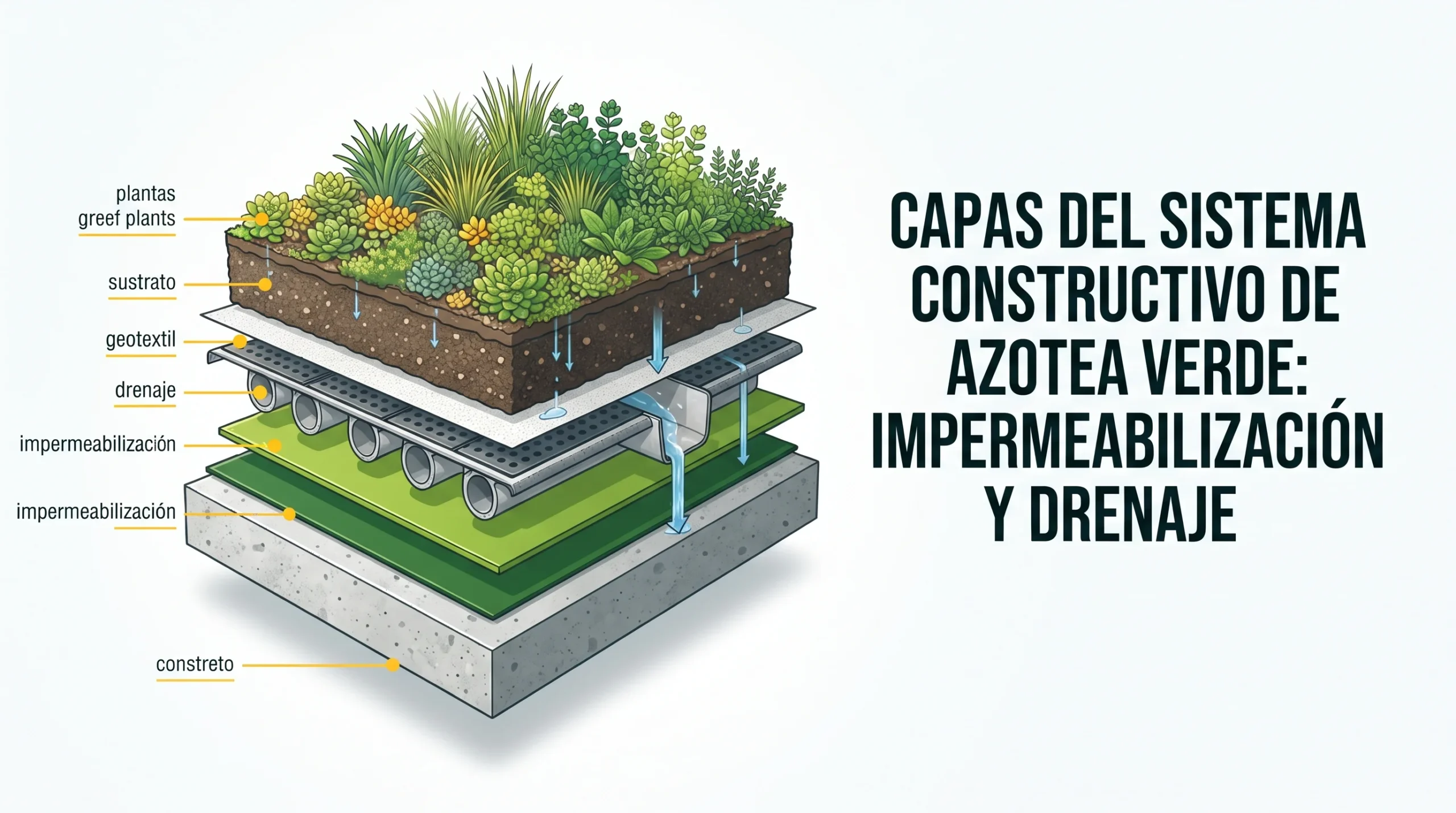 Capas del sistema constructivo de azotea verde: impermeabilización y drenaje
