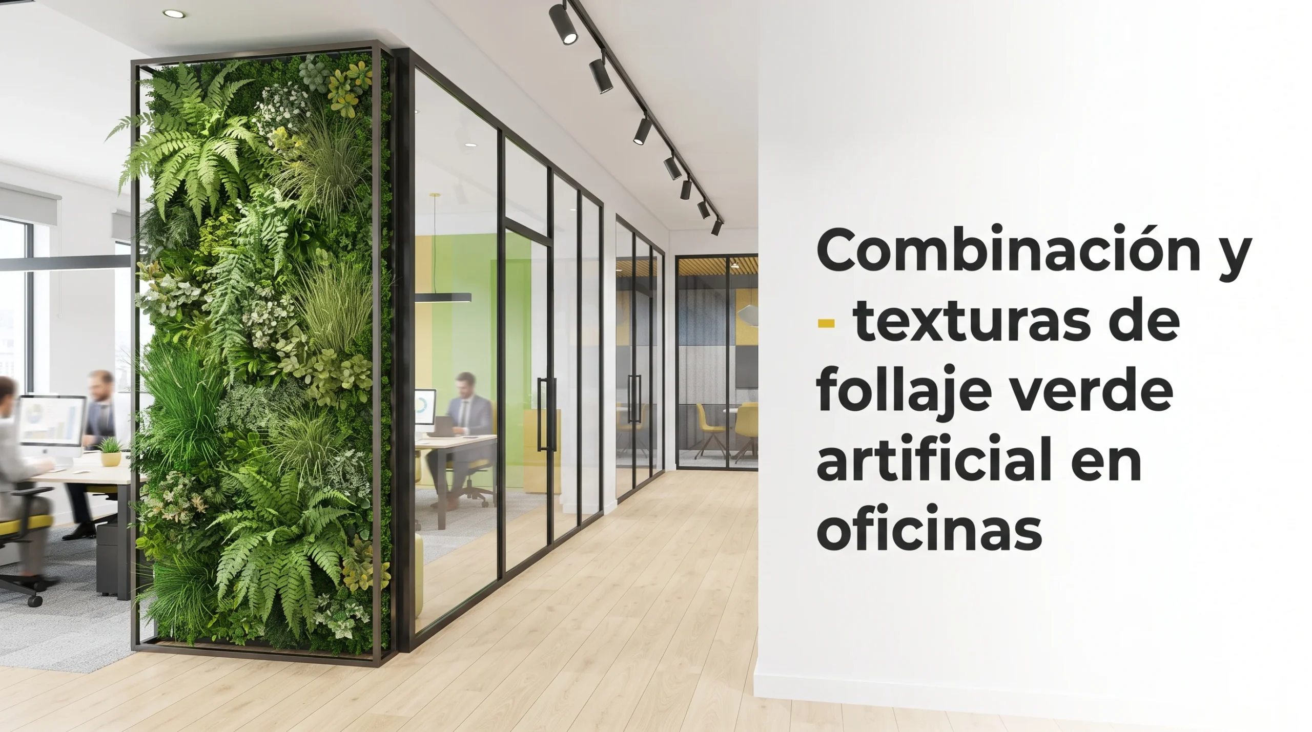 Combinación y texturas de follaje verde artificial en oficinas