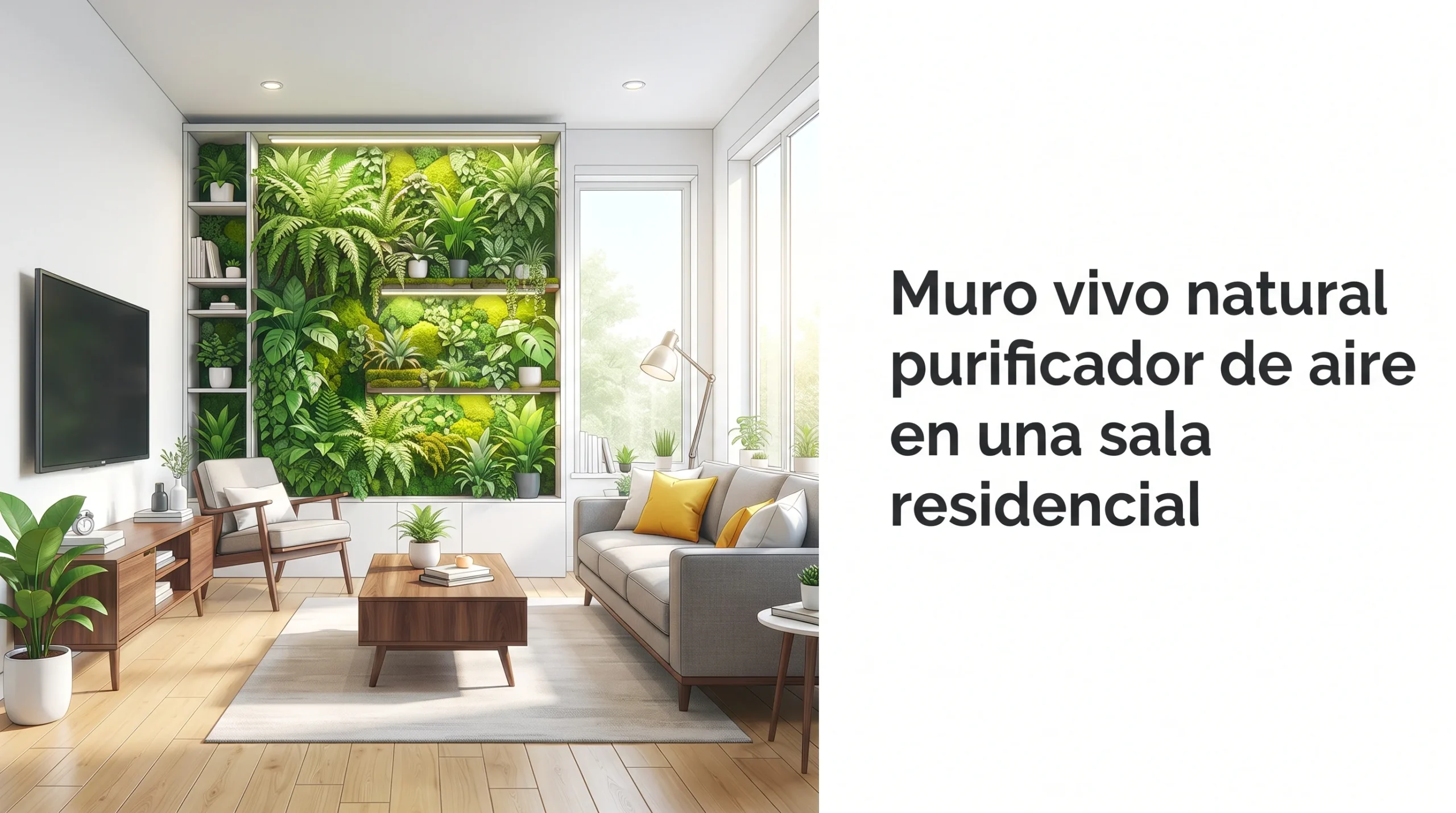 Muro vivo natural purificador de aire en una sala residencial