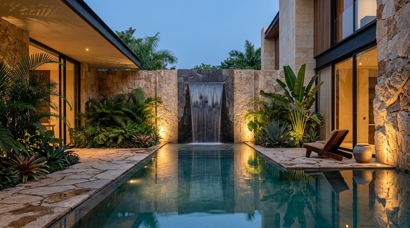 Elemento de agua arquitectónico con muro llorón y espejo reflectante en jardín residencial