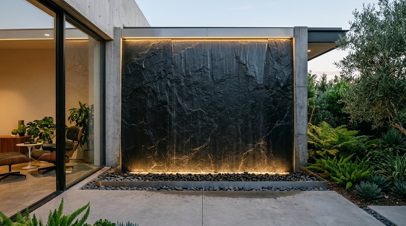Muro de agua de pizarra negra con caída laminar e iluminación cálida
